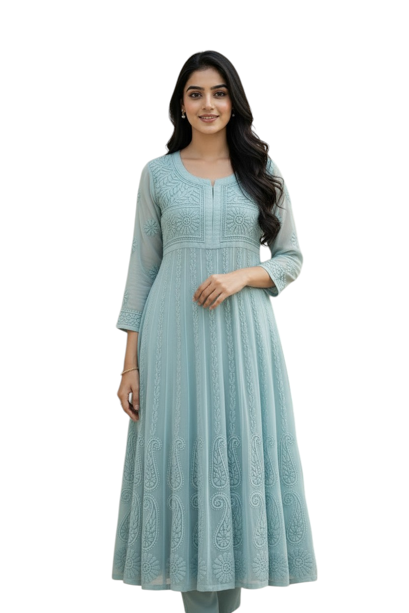Lucknowi Chikankari Resham Jaal Georgette Yog Anarkali